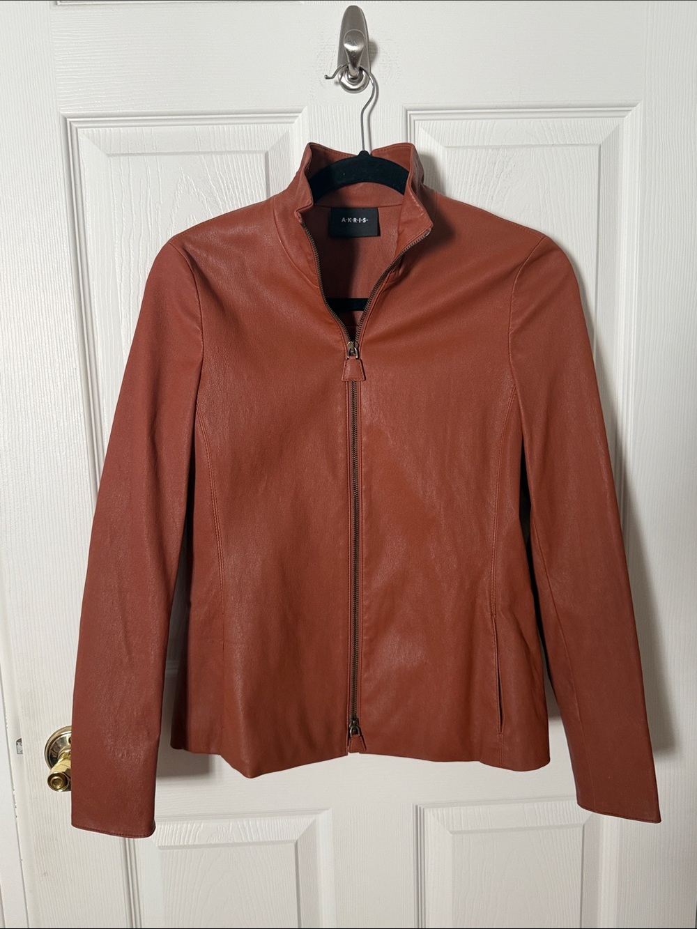AKRIS Women's tan lamb Leather Zip Jacket us 6 uk 10